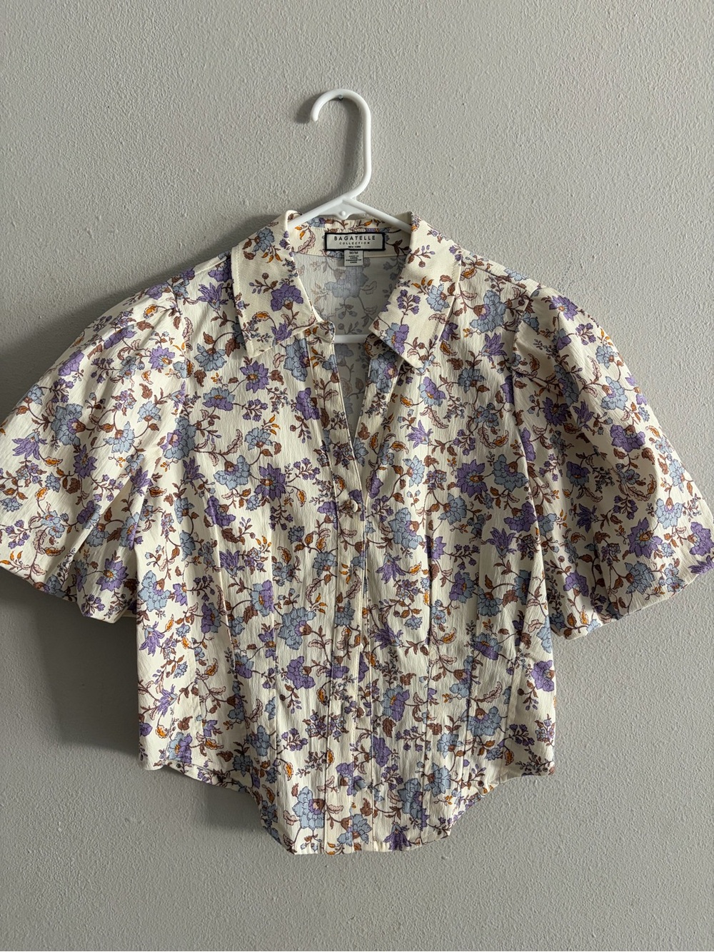 bagatelle Cream Blouse with Purple, Blue & Brown Floral Print